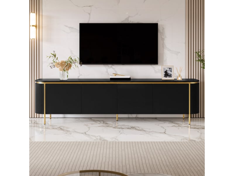  Buffet tv mdf avec pieds en fer, 6 portes, façades rainurées, passage câbles, extrémités arrondies – meuble salon  - Conforama B