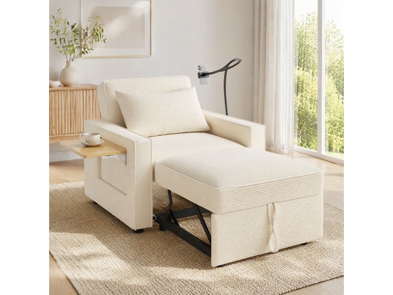  Fauteuil relax convertible 1 place beige en velours côtelé avec ports usb et type-c  - Conforama D
