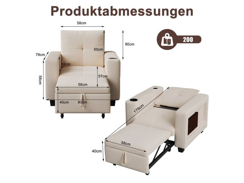  Fauteuil convertible 3 en 1 - chaise longue rabattable avec table magnétique pliable, porte-gobelet et prise - blanc crème  - Conforama E