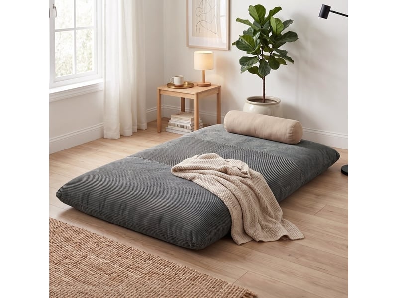  Canapé de sol convertible 2 places en velours côtelé gris foncé, couchage 145 x 184 cm sans cadre métallique  - Conforama E