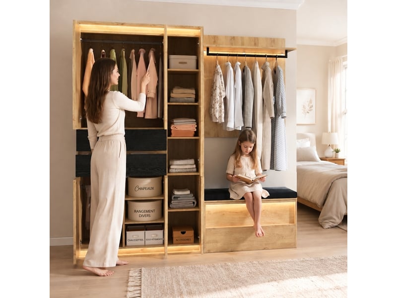  Armoire 4 portes blanche 135x200cm avec led et prise intégrée, 5 tiroirs 2 tringles, meuble chambre moderne  - Conforama D