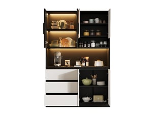 Buffet de cuisine 120,5x40x180 cm blanc noir en panneau de particules et verre, 3 tiroirs, 6 portes, led
