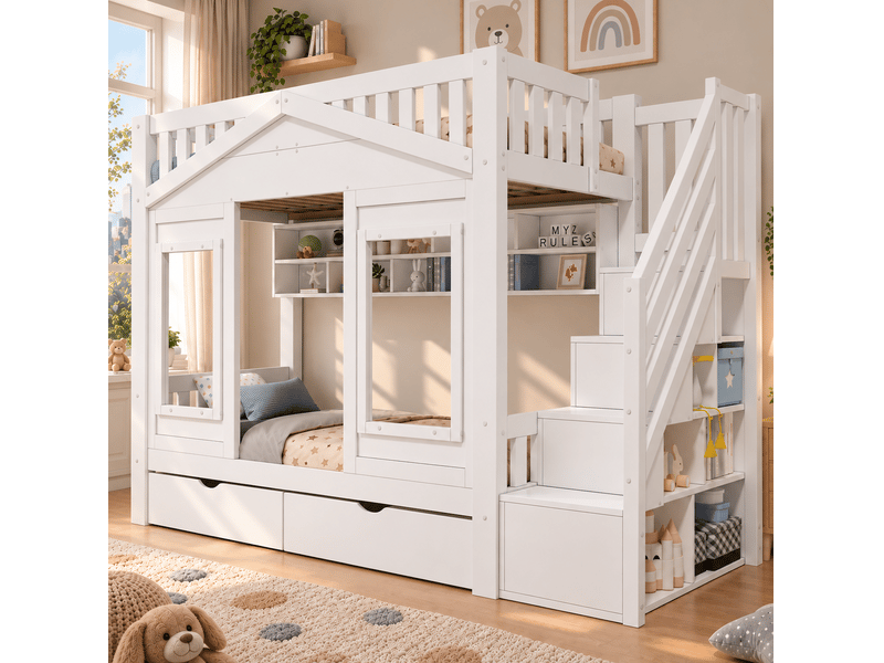  Lit mezzanine enfant 90x200 cm, escalier de rangement, fenêtre, protection antichute incluse, bois et mdf, blanc sans matelas  - Conforama D