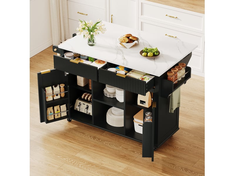 Desserte de cuisine noire et blanc avec plateau rabattable, 2 tiroirs, 2 portes, étagères à épices et 5 roulettes - Conforama B