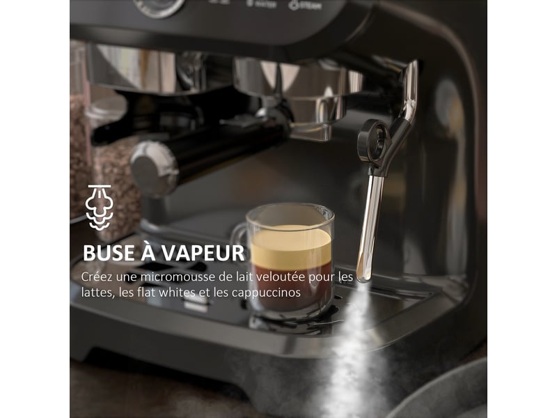  Machine à expresso 1600w avec moulin à grains, buse vapeur, pompe italienne 15 bars, réservoir d'eau 2 l, noir  - Conforama E
