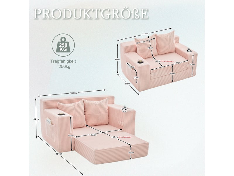  Canapé-lit 2 places convertible avec 2 coussins, porte-gobelet et poches latérales en velours côtelé rose  - Conforama C