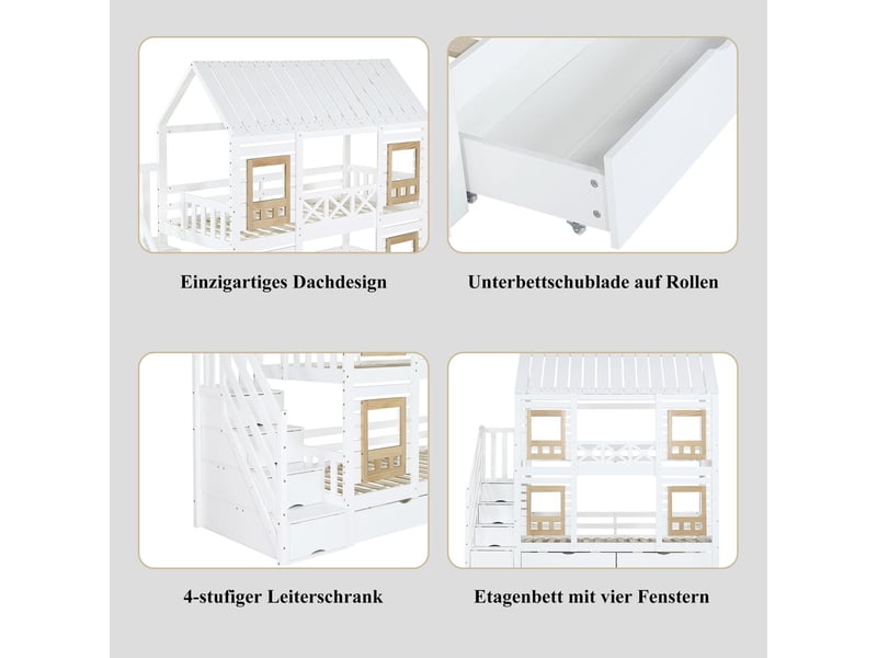 Lit superposé 90x200cm avec escalier rangement 4 casiers 2 tiroirs - lit double - bois massif blanc naturel fenêtres, sécurité en747 - Conforama E