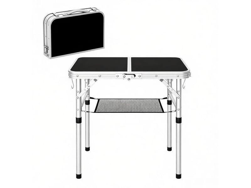  Table de jardin pliante réglable avec filet de rangement, portable pour balcon, camping et plage, noire, 60 × 40 cm  - Conforama A