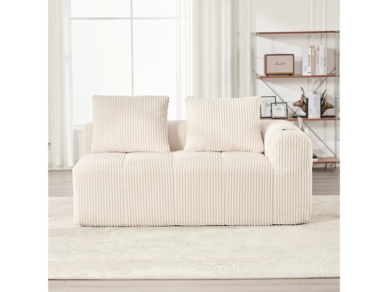 Canapé 2 places compact 158x93x61cm, poche latérale, porte-gobelets, mousse à haute densité, ressorts intégrés, velours côtelé beige - Conforama E
