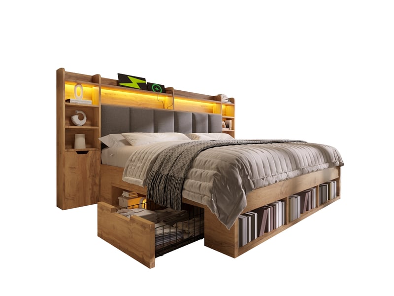 Lit double 180x200 cm avec éclairage led, structure de lit avec tête de lit et table de chevet, couleur chêne, lit avec tiroirs  - Conforama R
