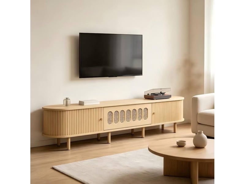  Meuble tv 180x40x40 cm avec porte abattante et coulissantes coloris bois naturel  - Conforama B
