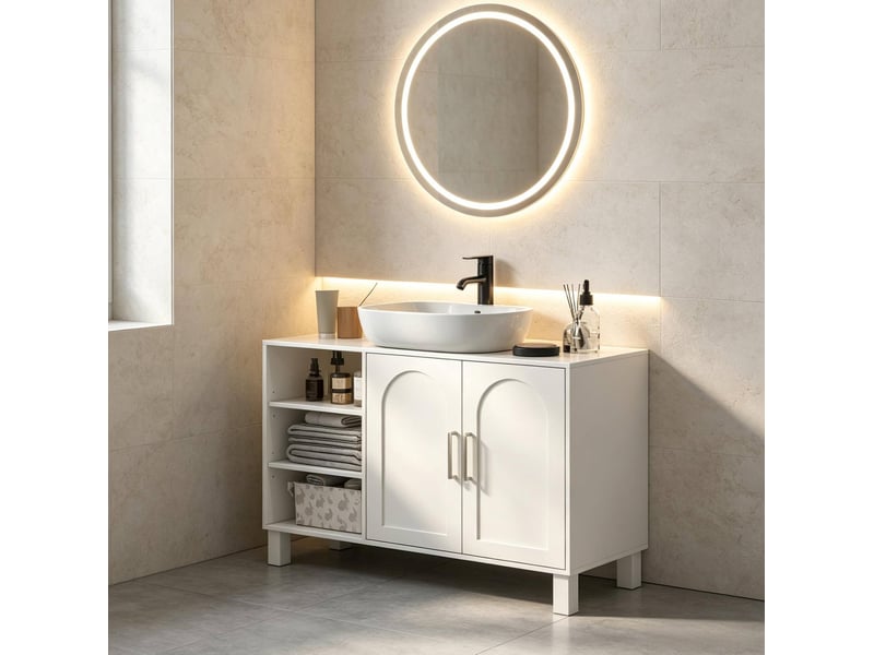 Meuble sous vasque 2 portes, 3 étagères ouvertes, rangement réglable, salle de bain, mdf crème 90 × 30 × 63 cm - Conforama B