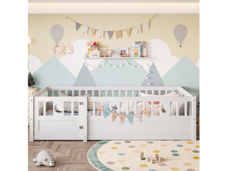  Lit enfant à barrières 90x190 cm en pin blanc avec décor étoiles et lune  - Conforama D