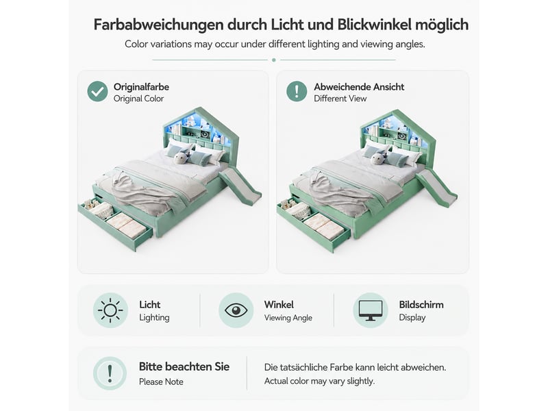  Lit cabane enfant bleu et vert 140 × 200 cm en velours, avec rangement intégré, port usb, structure rembourrée  - Conforama C