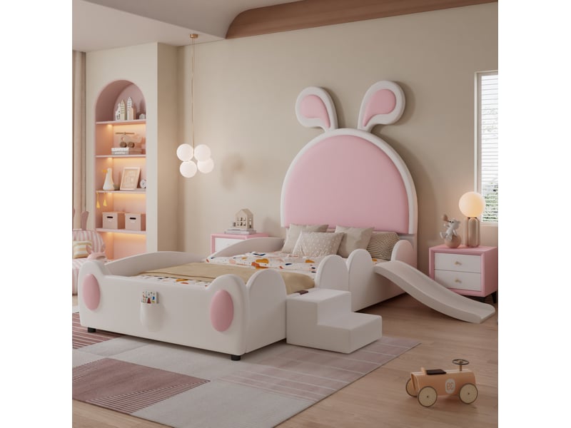  Lit enfant 90x200 cm avec toboggan et escalier blanc et rose  - Conforama D