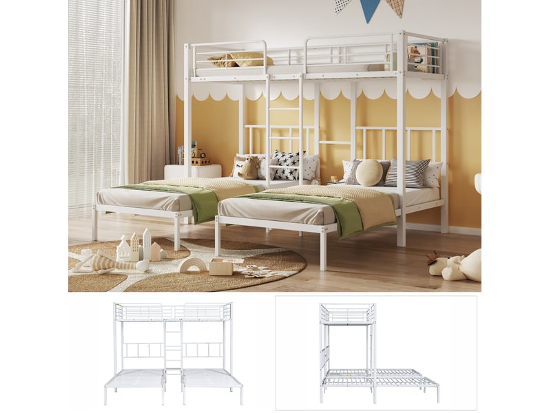  Lit superposé enfant 3 places 90x200 cm – blanc – métal, échelle, tablette et barrières de sécurité, sans matelas  - Conforama E