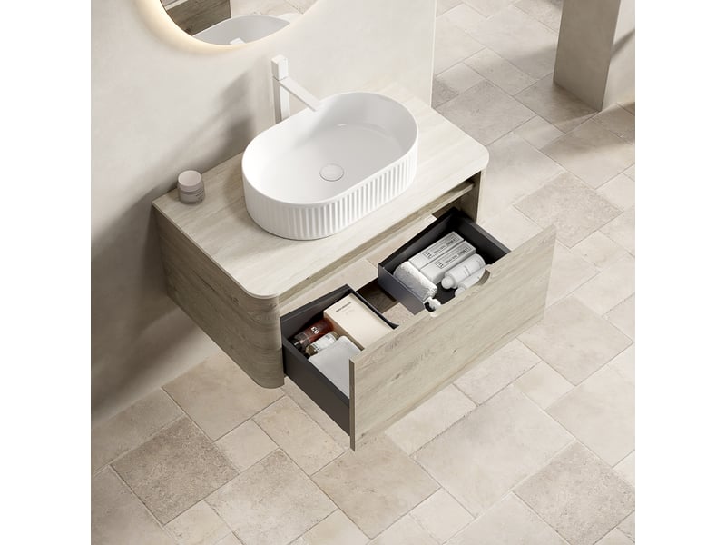  Meuble sous vasque suspendu avec tiroir à fermeture douce - lpospi - vasque ovale, céramique, pierre frittée beige 80 cm  - Conforama C