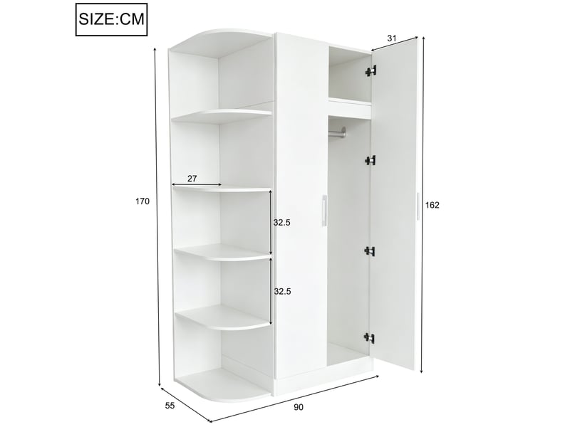  Armoire blanche 2 portes 90 x 55 x 170 cm avec étagères et penderie intégrée  - Conforama C