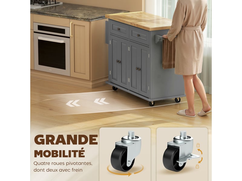  Desserte ilôt de cuisine multi rangements 2 tiroirs 2 placard 2 portes avec range-bouteille étagère  - Conforama W