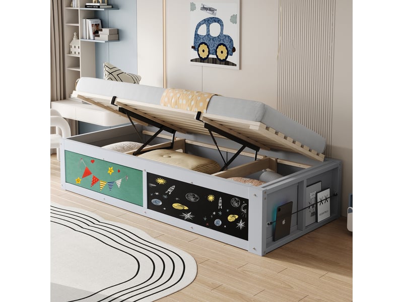  Lit enfant en bois 90×200 cm gris avec relevage hydraulique, tableau et rangement pour livres  - Conforama E