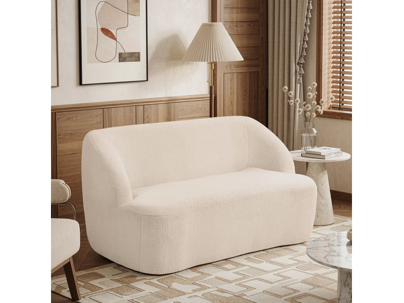 Canapé droit fixe 2 places en tissu bouclette beige 142 cm, dossier incurvé et confort pour le salon - Conforama E