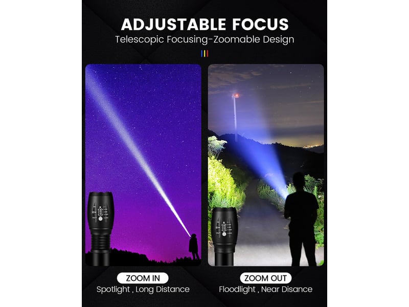 Ensemble lampe torche led haute puissance, lampe torche led rechargeable 2000 lumens, lampe torche tactique 5 modes avec batterie 18650 - Conforama C