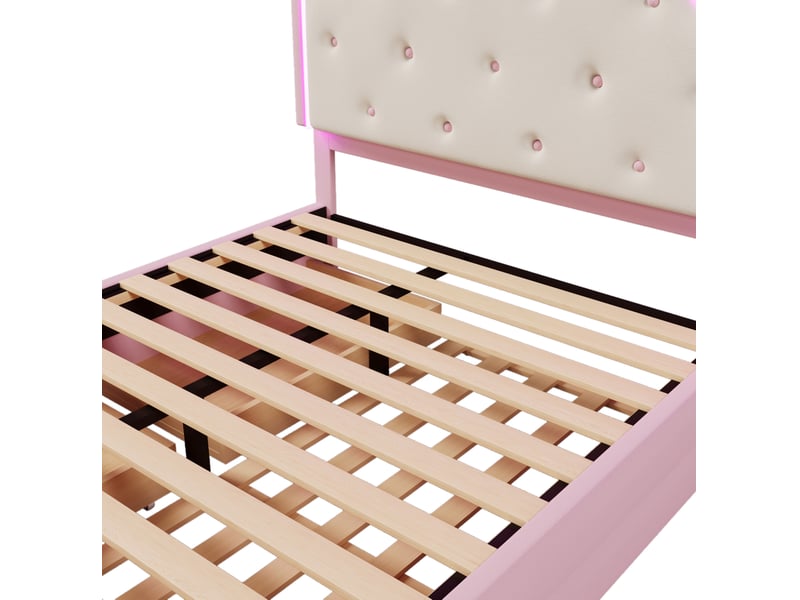  Lit enfant capitonné 140x200 cm avec lit gigogne 90x188 cm, 2 tiroirs et lumière d'ambiance, pu, ​​rose, sans matelas  - Conforama R
