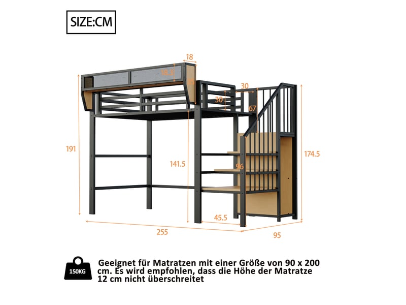  Lit mezzanine 90x200cm, rangements, en mdf+métal, barrières de sécurité, lit enfant, escalier, bois+noir, sans matelas  - Conforama C