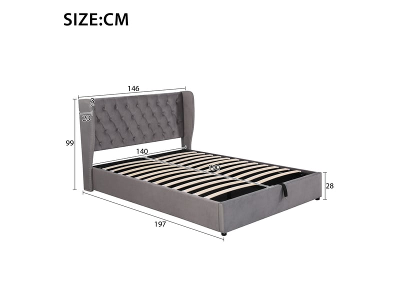  Lit coffre rembourré 140 x 190 cm en velours gris, tête de lit à oreilles capitonnée, sommier à lattes 3068012AAH - Conforama C