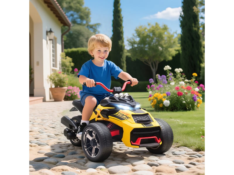  Tricycle électrique pour enfants, à piles, avec lecteur mp3, klaxon, 2 vitesses, lumières led, 3-8 ans, jaune  - Conforama D