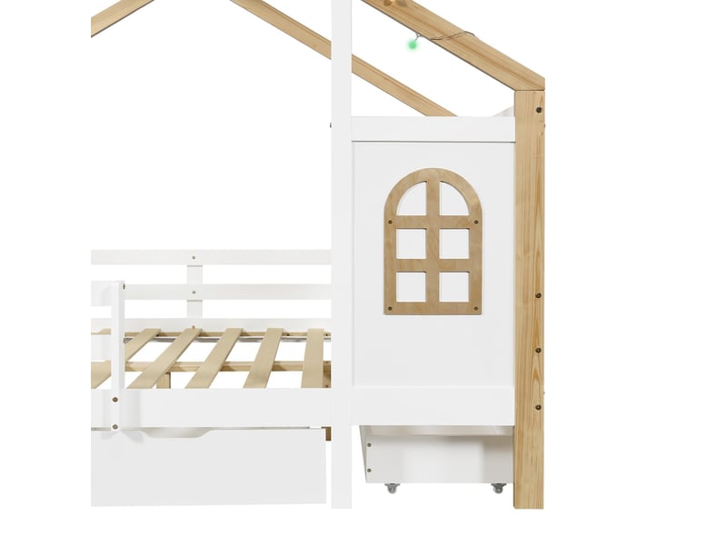  Lit cabane en bois, 120 x 200 cm, blanc et bois naturel, avec motif fenêtre, barrière de sécurité, 3 grands tiroirs et guirlande lumineuse  - Conforama E