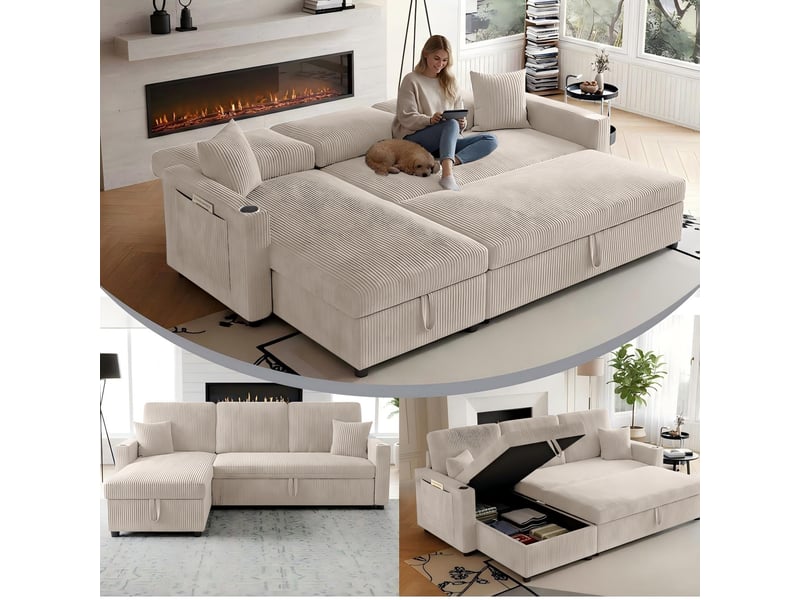 Canapé d’angle (à gauche) convertible 3 places 207,5 x 142 x 84,5 cm, avec rangement, assise spacieuse et méridienne, velours côtelé, beige OMNIGLINT TRADING LTD - Conforama E