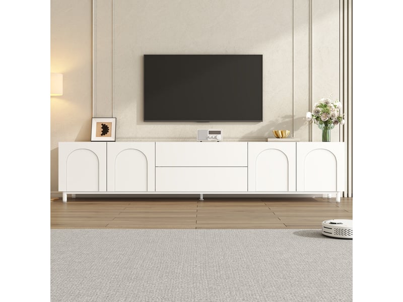  Meuble tv blanc à motif arc avec 4 portes et 2 tiroirs  - Conforama C