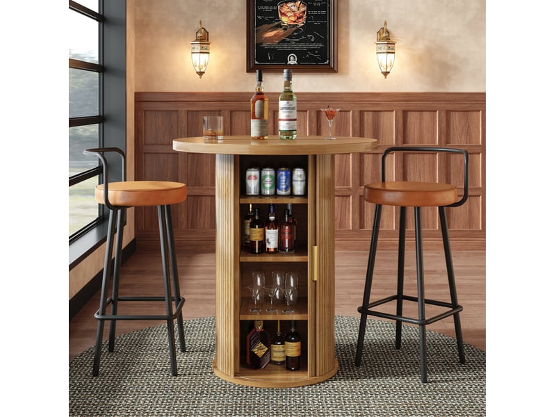 Table de bar ronde avec meuble de rangement à porte coulissante, plateau en mdf pour salon, bois, 60 × 60 × 91,6 cm - Conforama C