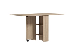 Table pliante en bois naturel avec 2 abattants, 2 étagères et roulettes, idéale pour la cuisine ou la salle à manger. Dimensions : 75 x 140 x 74 cm.