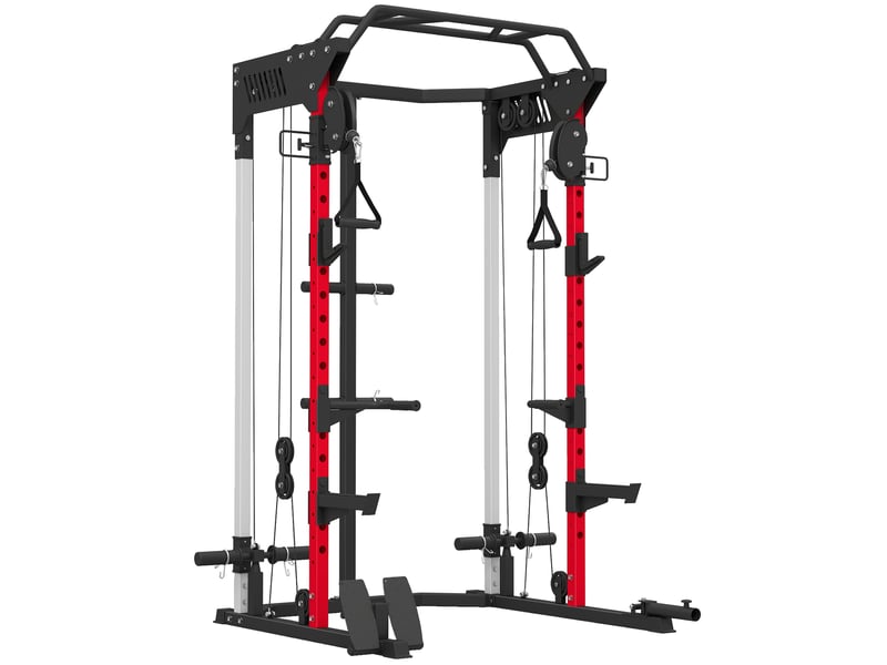  Station de musculation power rack 900kg double poulie réglable 19 niveaux home gym complet pour entraînement force noir  - Conforama B