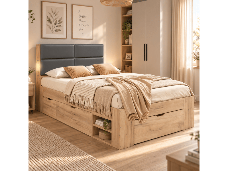  Lit enfant 1 place 90x200 cm avec tiroirs, grands rangements, niches coulissantes, usb et usb-c, veilleuse, tête de lit rembourrée pu, mdf naturel  - Conforama C