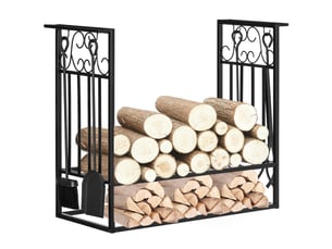 Porte-bûches surélevé en acier noir, 4 outils de cheminée, 75 x 30 x 60 cm