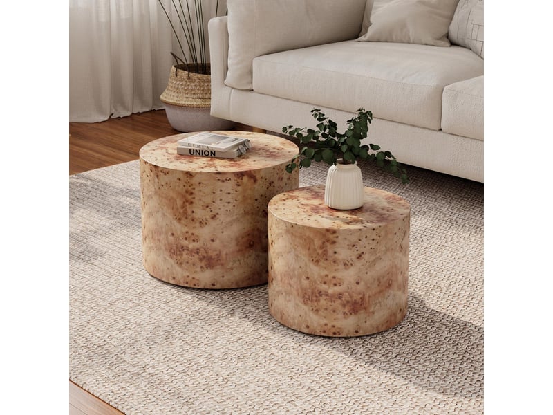  Lot de 2 tables basses gigognes - ø48x38cm et ø38x32cm - tables rondes tambour en bois motif loupe salon - naturel  - Conforama D