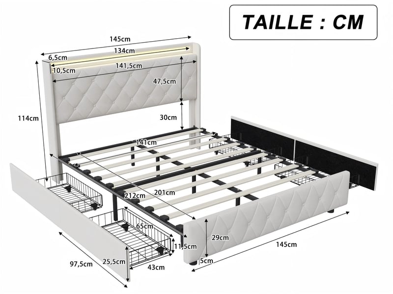  Lit 2 places 140x200 cm - avec éclairage led - tête de lit avec étagère - similicuir pu beige - sommier à lattes inclus  - Conforama C