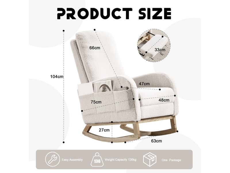  Fauteuil à bascule pour allaitement avec repose-pieds, poche latérale et base en bois, en tissu bouclette blanc  - Conforama C