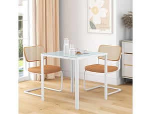 Table de salle à manger carrée pour 4 personnes avec plateau en verre et cadre métallique blanc dimensions 75 × 75 × 75 cm