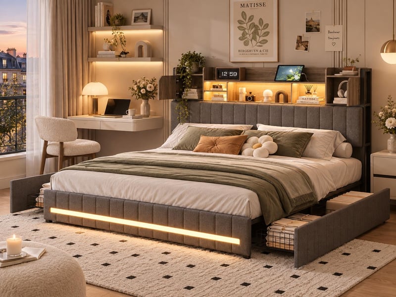  Lit 2 places 140 x 190 cm adulte avec rangement, 4 tiroirs, tête de lit avec niches et éclairage led, cadre rembourré gris  - Conforama B