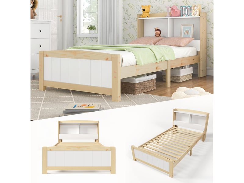  Lit simple en bois massif 90x200 cm avec sommier à lattes, naturel et blanc, lit simple capitonné avec tête de lit de rangement  - Conforama A