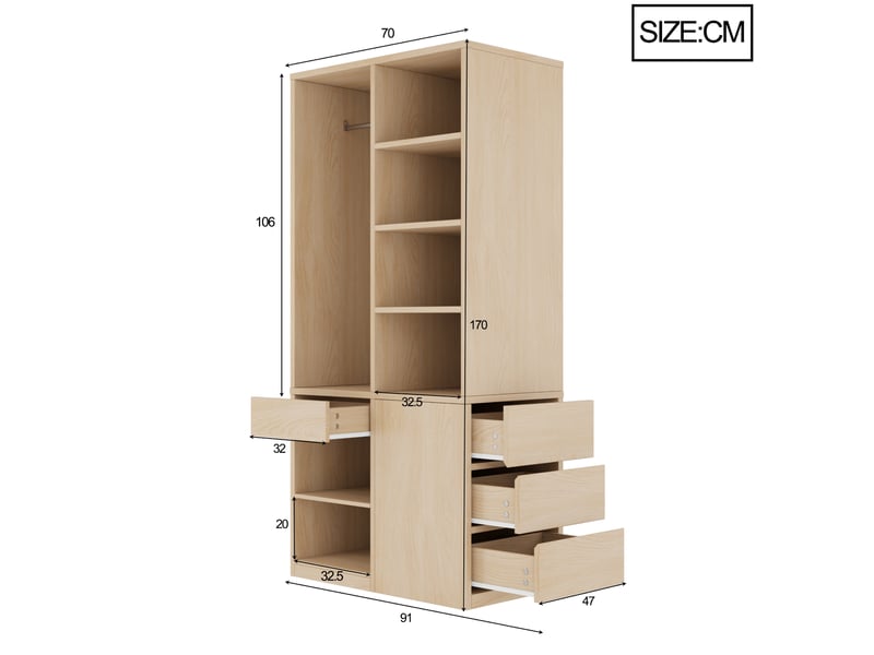 Armoire avec penderie, 4 tiroirs, étagères ouvertes et placard pour chambre, en mdf, bois clair, 70 × 50 × 170 cm - Conforama E