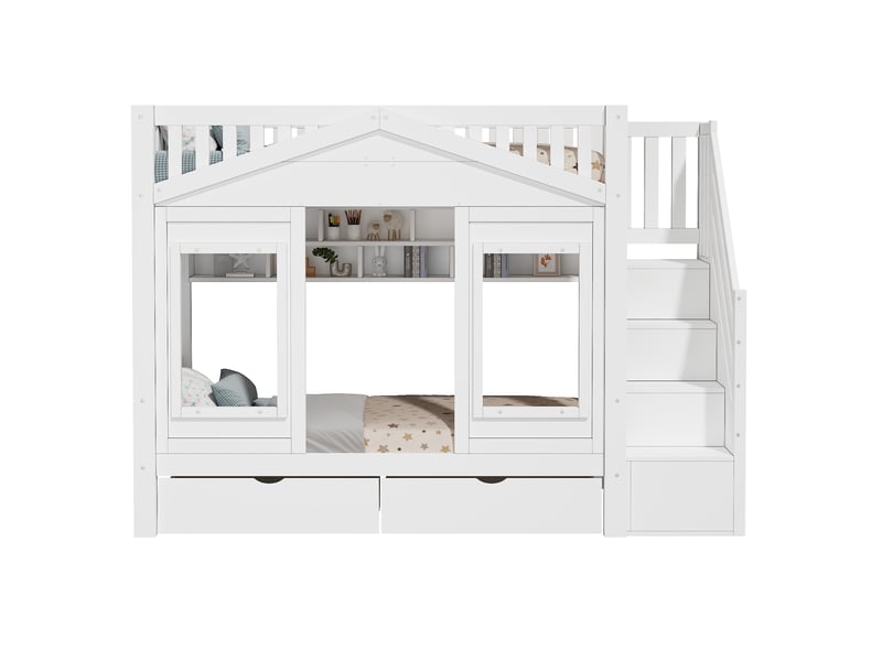  Lit superposé 90x200 cm, lit enfant, escalier avec rangement, barrière antichute, bois de pin blanc  - Conforama B