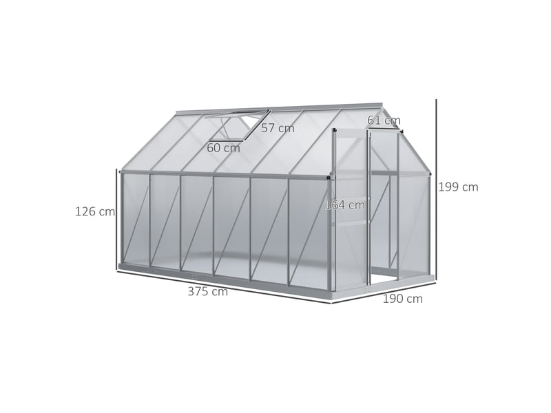  Serre de jardin 7,1 m² en aluminium polycarbonate avec fondation, 190 x 375 x 199 cm, serre avec fenêtre  - Conforama E