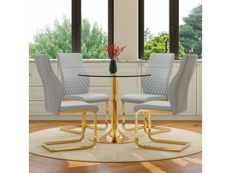  Ensemble table ronde en verre 85 cm – pieds dorés – 4 chaises modernes gris clair et doré  - Conforama E