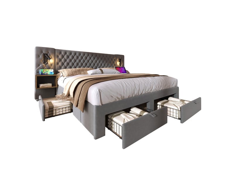  Lit double adulte,160x200 cm,avec rangement et éclairage,velours,gris  - Conforama A