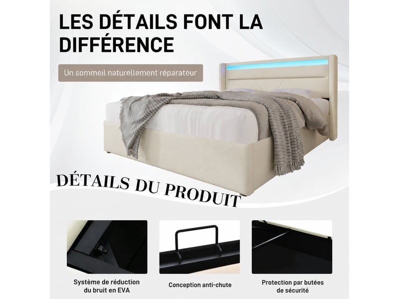  Lit coffre hydraulique 160x200, tête de lit led avec télécommande, pu blanc  - Conforama E